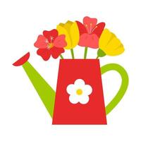 A simple garden watering can with a flower and flowers, tulips and poppies inside. Gardening. Cartoon flat style. Isolated on a white background. vector