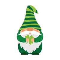 A small plump dwarf in a green striped hat holds a leaf of clover in his hands. A little bearded gnome, a cute cartoon character in a flat style. Color vector illustration isolated on white.