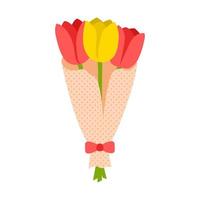 Bouquet of red and yellow tulips in packaging paper. Spring bouquet. Flower illustration. Flat style. Isolated on a white background. vector