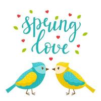 Lovers of spring beautiful birds. The words Spring love. Cartoon characters and lettering. Bright color vector illustration, postcard in flat style. Isolated on a white background.
