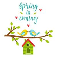 Two lovebirds on a branch with leaves. A birdhouse in the form of a house. Lettering Spring is coming. Spring, bright color vector illustration, postcard in a flat style. Isolated on white