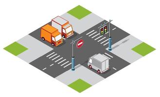 Car van at the crossroads of downtown in the town 3d illustration vector