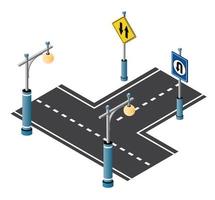 City driveway street with road signs and street lamps vector