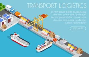 Port cargo ship transport logistics seaport webpage vector template with an isometric illustration