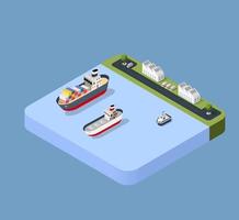 Port cargo ship transport logistics seaport vector template with an isometric illustration