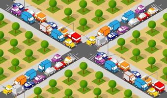 Isometric Crossroads intersection of streets of highways with traffic cars standing in jam. Seamless vector