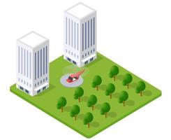 Isometric view with the landscape city with helicopter vector