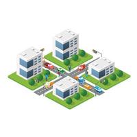 distrito de bloque de módulo 3d isométrico parte ciudad con rascacielos de arquitectura vectorial de construcción urbana. ilustración blanca moderna para juegos de diseño y fondo de forma empresarial vector