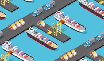 Seamless industrial city map pattern. Isometric port mooring ship transport vector