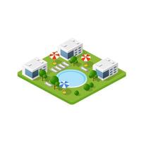 Isometric 3d hotel with a pool vector