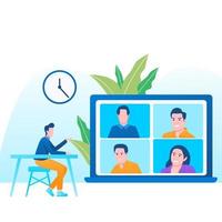 Video conference illustration. People on computer screen taking with colleague. Videoconferencing and online meeting workspace vector page