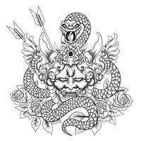 máscara de hannya con estilo de tatuaje de serpiente en blanco y negro vector