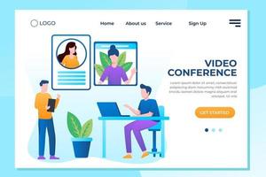 aterrizaje de videoconferencia. personas en la pantalla de la computadora tomando con un colega. página de vector de espacio de trabajo de videoconferencia y reunión en línea