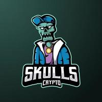 Skull wearing crypto coin necklace mascot logo design illustration vector