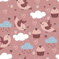 mano de patrones sin fisuras dibujo pájaro de dibujos animados, cupcake y nubes. fondo de cielo morado para estampado de tela, textil, papel de regalo vector