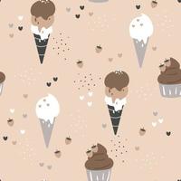 Helado de dibujos animados dibujo a mano de patrones sin fisuras. fondo de comida para estampado de tela, textil, papel de regalo vector