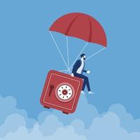 Businessman with flying falling safe with parachute, unexpected financial opportunities, credit, bank deposit vector