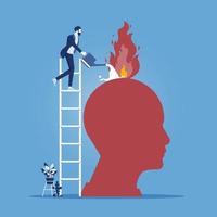 Businessman with watering can putting out fire in burning brain, psychological therapy help concept. burnout, stress, emotional problem, mental illness vector