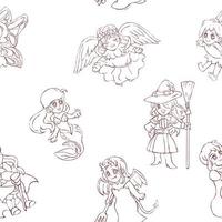 Kids fairy tale, seamless pattern cartoon character design sketch outline vector illustration