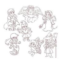 grupo de niños cosplay como cuento de hadas, ilustración de vector de esquema de dibujo de diseño de personaje de dibujos animados.