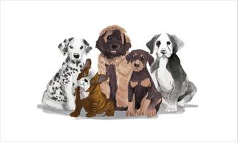Group of dogs puppies portrait watercolor realistic vector illustration on white background
