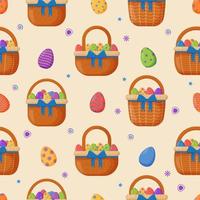 Wicker basket seamless pattern. Wicker basket with Easter eggs for Easter. Wooden accessory for storage or carrying vector