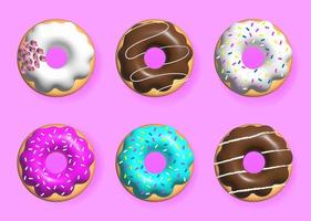 Realistic 3D donut collection with pictures of colorful toppings, donuts. Set of 3d glazed colorful cupcakes, vector illustration