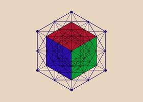 cubo sólido 3d matemático, mandala hexagonal, geometría sagrada, hexagrama mágico. diseño de línea de elemento de patrón geométrico abstracto. icono místico colorido vector sólido platónico aislado en fondo beige