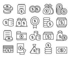 conjunto de iconos de monedas de dólar, saco de dólar y dinero vector