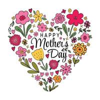 Cute Happy Mothers Day greeting card. Vector illustration with heart shape bouqet with various floral flower doodles in simple hand drawn childish style. Mother day bright design template