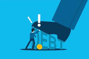 Businessman protecting money from giant feet. debt concept vector