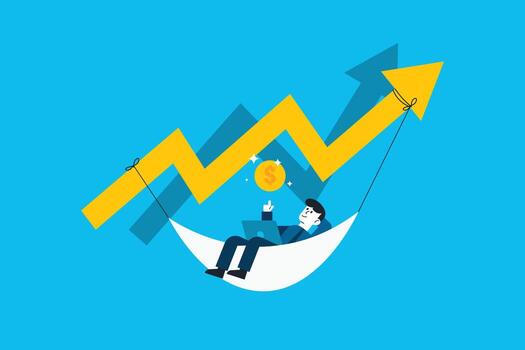 Success online trader, stock market and crypto currency internet trading. Businessman is lying in hammock with laptop. vector