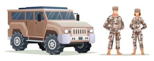 personajes de soldados del ejército masculino y femenino con ilustración de dibujos animados de vehículos militares vector