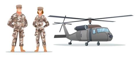 Male and female army soldier characters with military helicopter