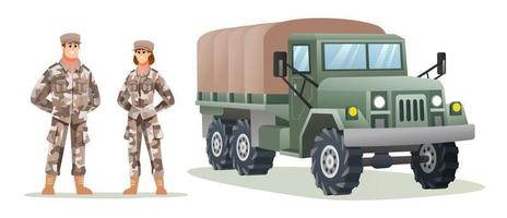 Male and female army soldier characters with military truck cartoon illustration vector