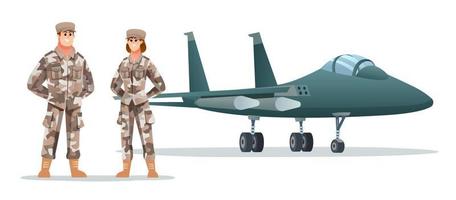 Male and female army soldier characters with military jet plane vector