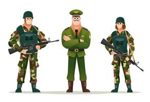 capitán del ejército con hombres y mujeres soldados sosteniendo un conjunto de caracteres de armas de fuego