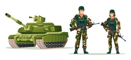Man and woman army soldiers holding weapon guns with tank cartoon illustration