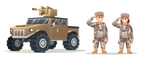 lindos personajes de soldado del ejército de niño y niña con ilustración de dibujos animados de vehículos militares vector