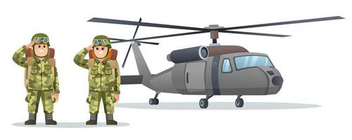 Cute little boy and girl army soldier carrying backpack characters with military helicopter cartoon illustration