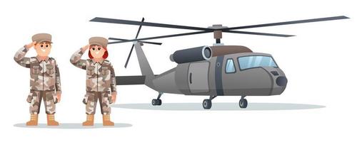 Cute male and female army soldier characters with military helicopter vector