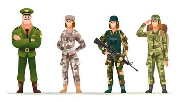 capitán del ejército con mujeres soldados en varios uniformes de camuflaje juego de caracteres vector