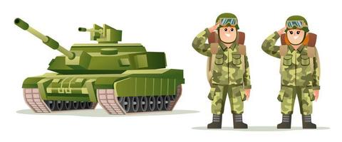 lindo soldado del ejército masculino y femenino que lleva personajes de mochila con ilustración de dibujos animados de tanque vector