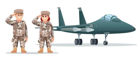 Cute male and female army soldier characters with military jet plane vector