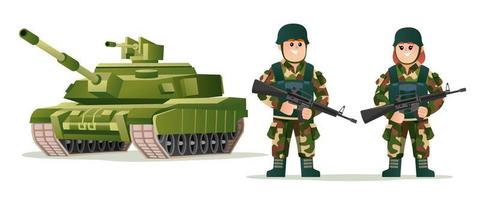 Cute boy and girl army soldiers holding weapon guns with tank cartoon illustration vector