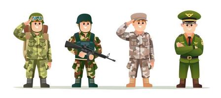 lindo pequeño capitán del ejército con soldados en varios disfraces de camuflaje juego de caracteres vector