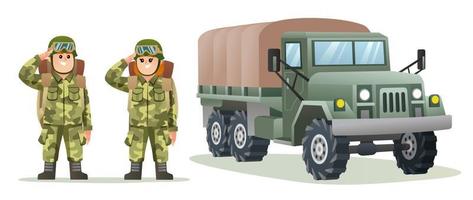 Cute boy and girl army soldier carrying backpack characters with military truck cartoon illustration