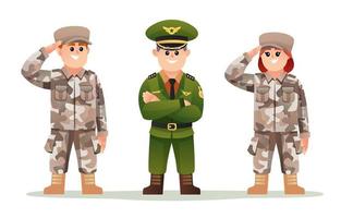 Cute army captain with boy and girl soldiers cartoon character set vector