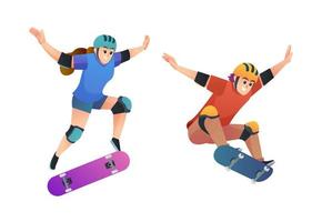 Set of happy young boy and girl skateboarding in jumping pose illustration vector