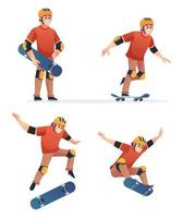 conjunto de niño jugando patineta en varias poses ilustración vector